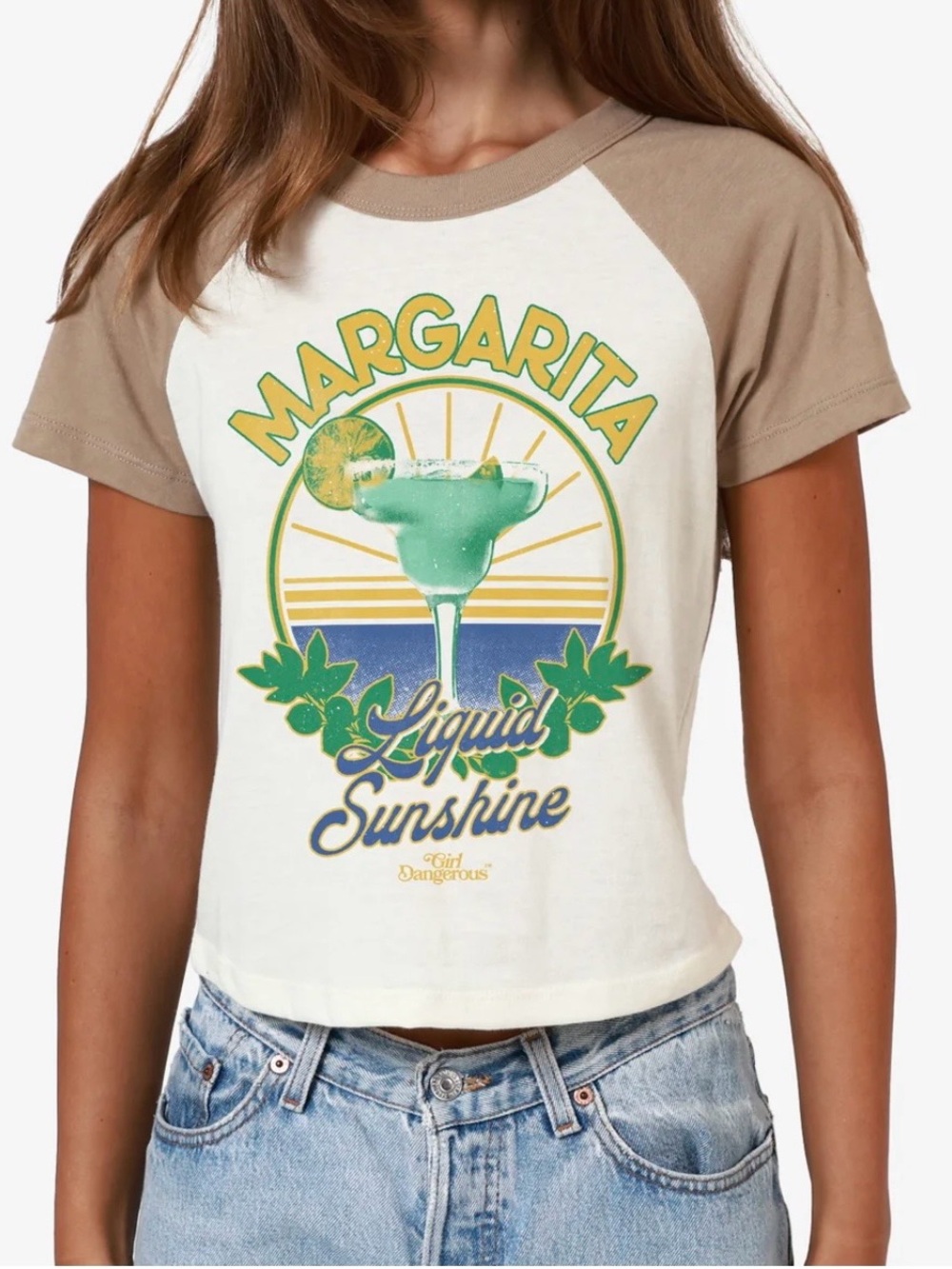Liquid Sunshine Margarita Raglan Crop Tee - Cream & Tan